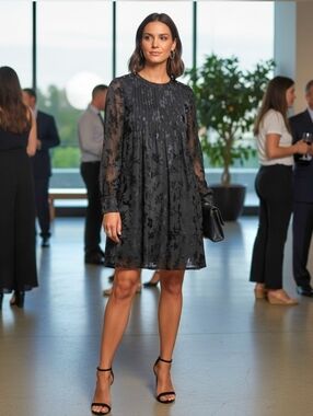 rag & bone Black Silk Blend Textured Dress Long Sleeve Pleated Size M Elegant